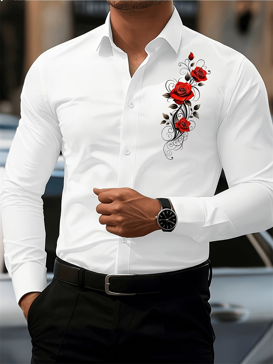 Men's Red Rose Print Long-Slee - đánh giá và giá Mens Fashion Clothes
